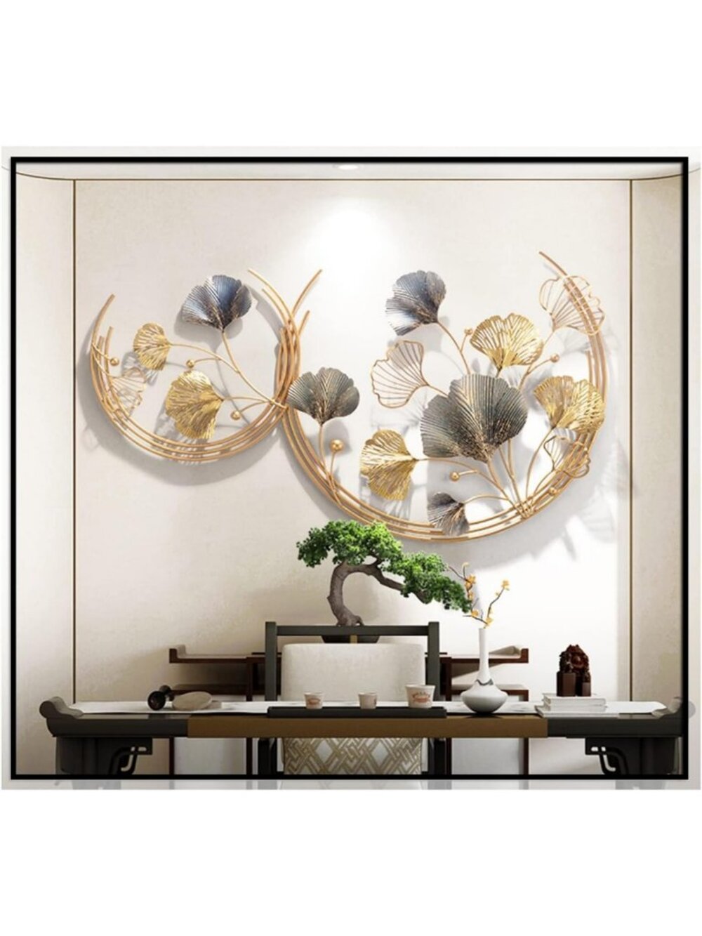 Handmade 3D Metal Ginkgo Leaf Wall Decor - Golden Round Sculpture, 2 Pack for